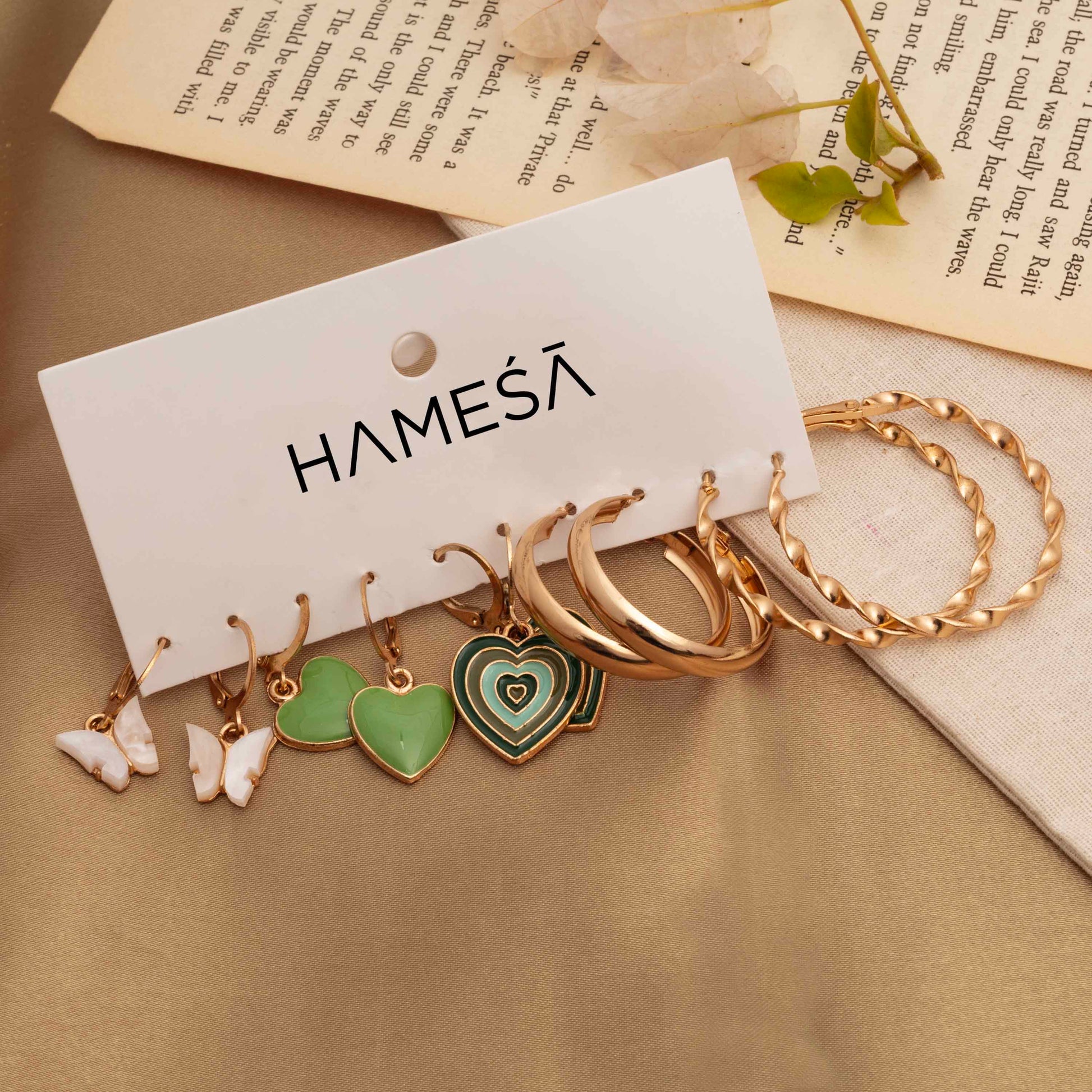 Stylish Set of 5 Green Heart Earring Stack