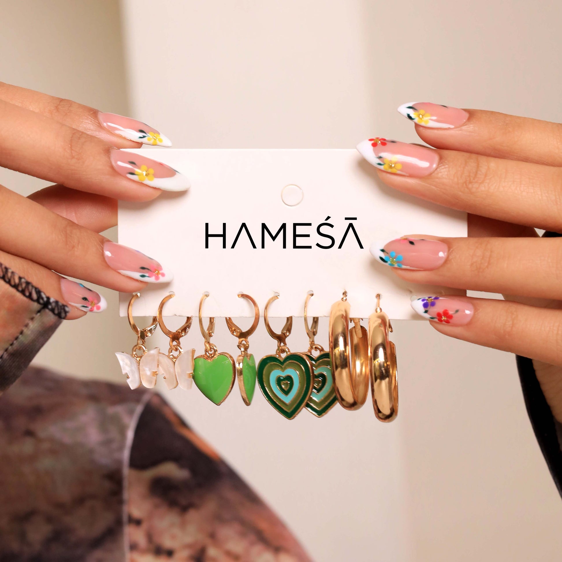 Stylish Set of 5 Green Heart Earring Stack for Women