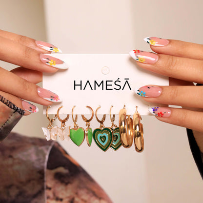 Stylish Set of 5 Green Heart Earring Stack for Women